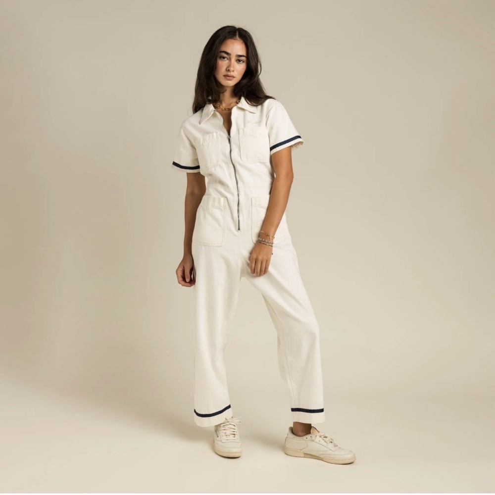 NWT Sendero Provisions Co. White Short-Sleeve Utility Jumpsuit with Navy Trim